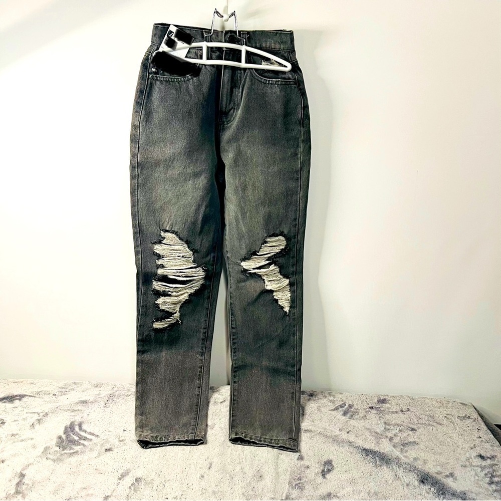 RSQ Distressed Black Wash High Rise Straight Leg Jeans